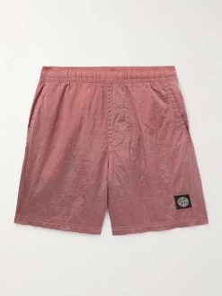 Stone Island Shorts Da Mare A Gamba Dritta Medi In Shell Increspato Con Logo Applicato